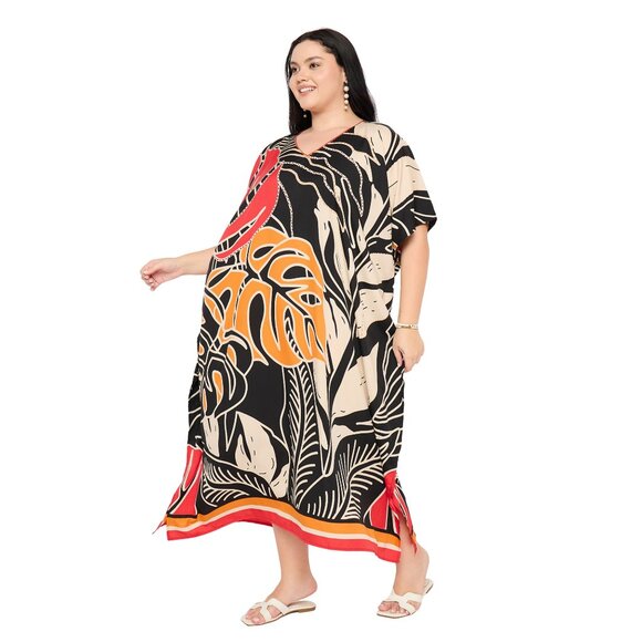 Gypsie Blu Leaf Printed Caftan Dresses for Women Polyester Plus Size Maxi Dress - Picture 3 of 6